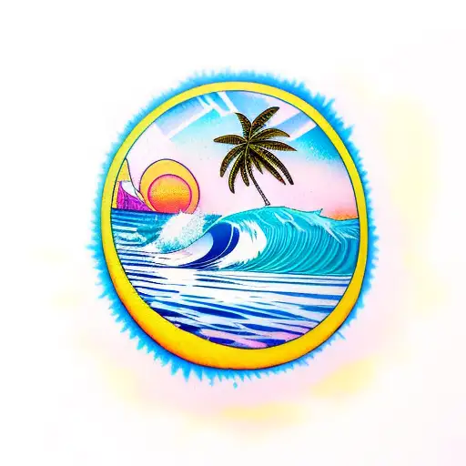 a surfboard in a wave crashing onto a tropical island at sunset. palm trees and tropical flowers tattoo design idea