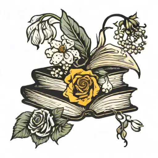 open books with pages flying and a rose, lily of the valley, narcissus, and marigold flowers blooming out of the books tattoo design idea