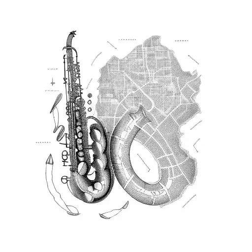 Combine a saxophone and a map of Saint Martin into a single design tattoo design idea
