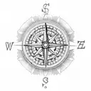 A dotwork tattoo of a compass rose with diving equipment intertwined, reminiscent of old school postcards tattoo design idea