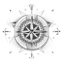 A dotwork tattoo of a compass rose with diving equipment intertwined, reminiscent of old school postcards tattoo design idea