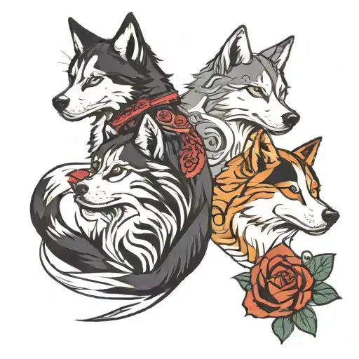 side view of a cat and a husky dog looking in opposite sides tattoo design idea