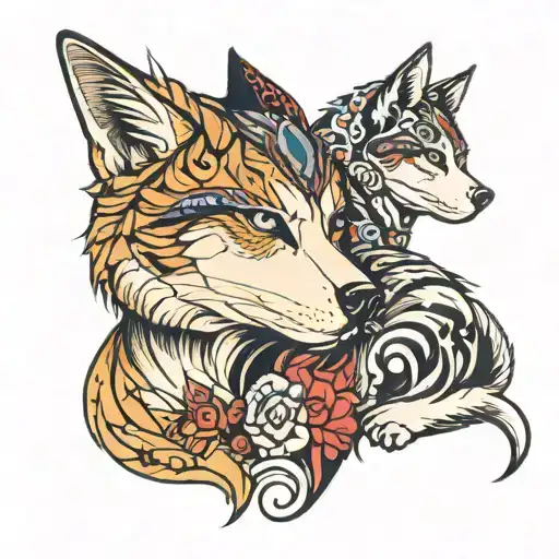 side view of a cat looking at the left and a husky dog looking at the right tattoo design idea