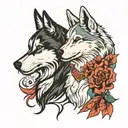 side view of a cat and a husky dog looking in opposite sides tattoo design idea