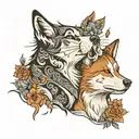 side view of a cat and a husky dog looking in opposite sides tattoo design idea
