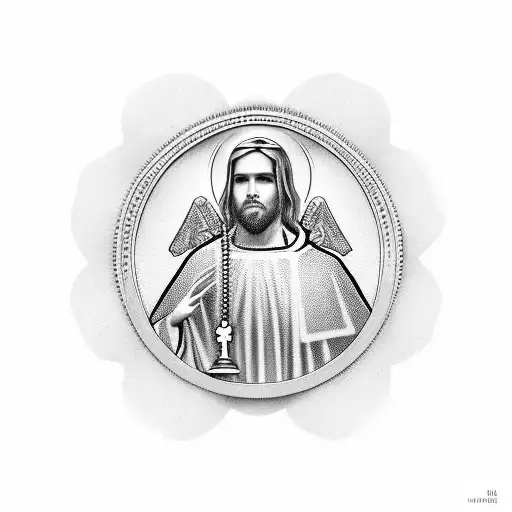 representation of Saint Jude with holding his coin the staff and a rosary  tattoo design idea