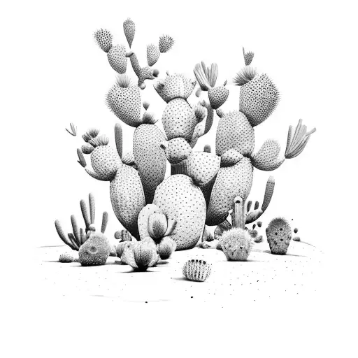 A mystical desert landscape with a towering prickly pear cactus tattoo design idea