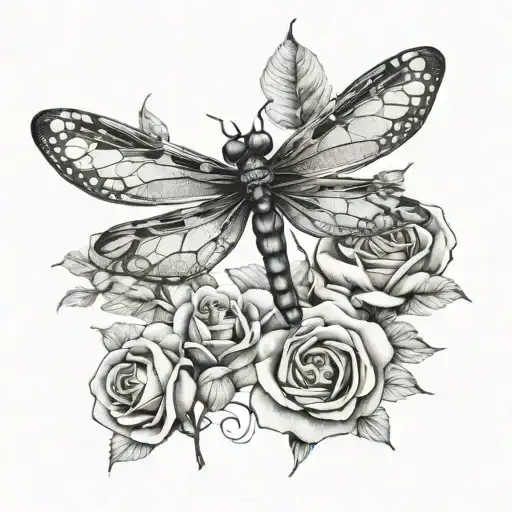 dragonfly roses intertwined tattoo design idea