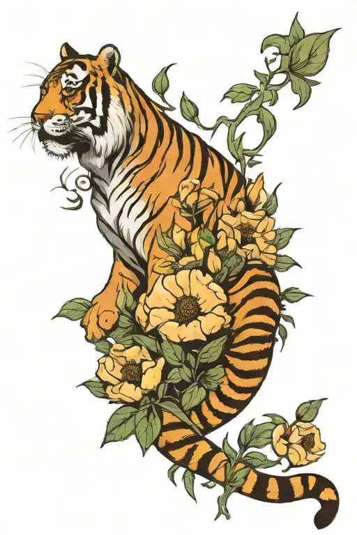 full body tiger and poppy flowers  tattoo design idea