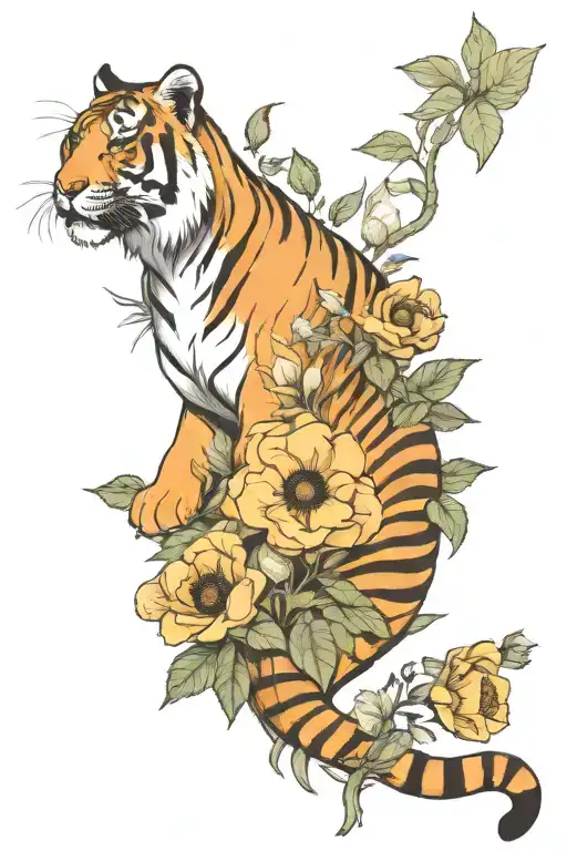 full body tiger and poppy flowers  tattoo design idea