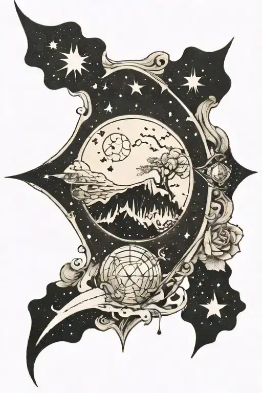 parchment tearing in my skin to reveal a dark sky with some stars and the Gemini constellation tattoo design idea