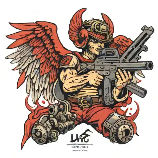 A red-winged angel with a machine gun in one hand and an Uzi in the other. tattoo design idea
