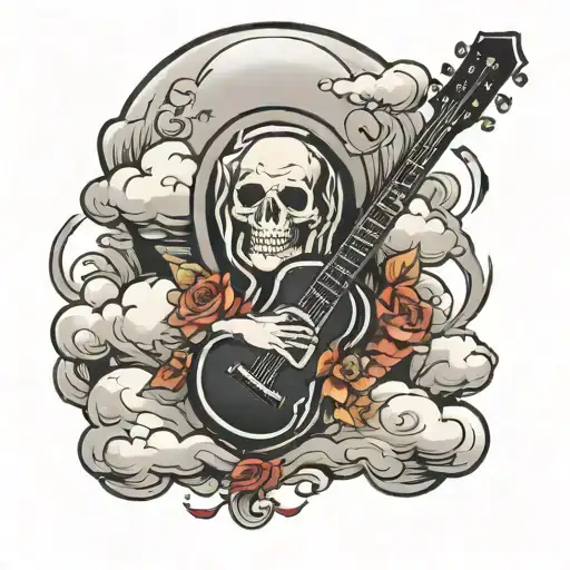 clouds with gravestone and music with me holding kids hand tattoo design idea