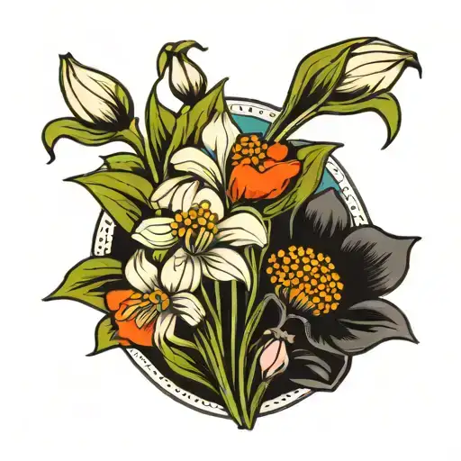 bouquet of snowdrop and poppy flowers tattoo design idea