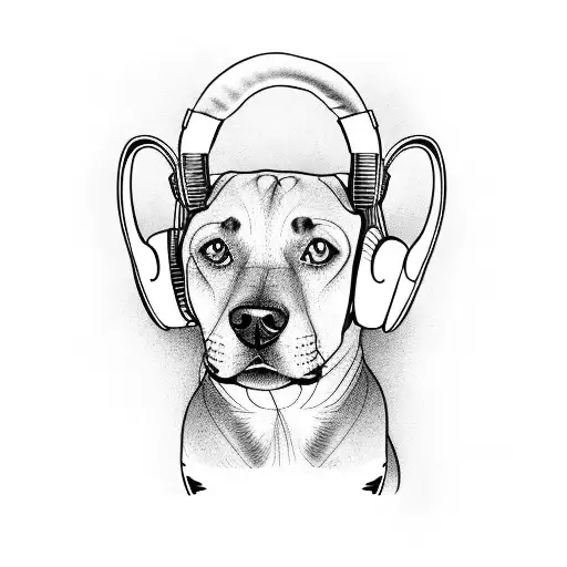 A Labrador-Pinscher mix dog wearing headphones tattoo design idea