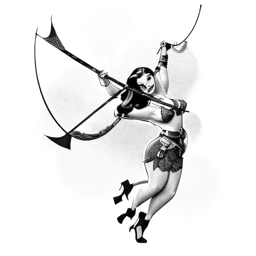 A seductive pin-up girl with a hunting bow and arrow, surrounded by wild animals tattoo design idea