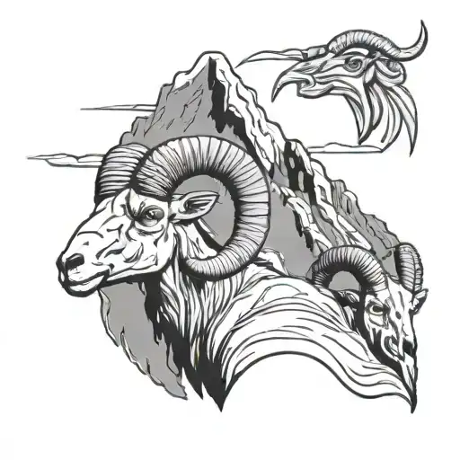 3 mountains with bighorn sheep skull tattoo design idea
