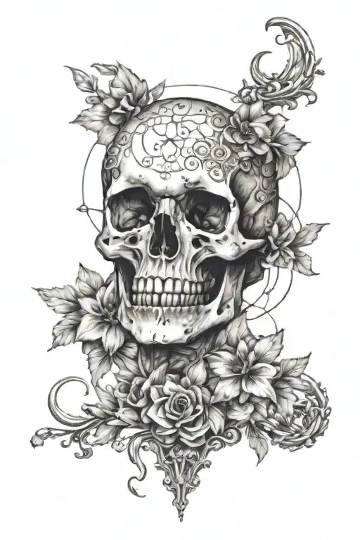 a dotwork and sketch full sleeve, dotwork for memento mori, sketch for memento vivere tattoo design idea