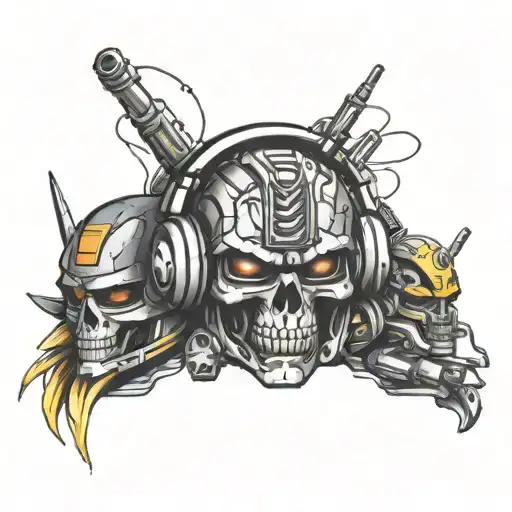 figures of Transformers,  TMNT and Robotech around a skull with dj headphone tattoo design idea