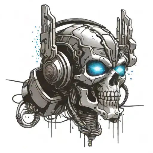  figures with elements of Transformers,  TMNT and Robotech incorporated into its design around a skull with dj headphone tattoo design idea