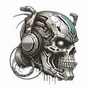  figures with elements of Transformers,  TMNT and Robotech incorporated into its design around a skull with dj headphone tattoo design idea