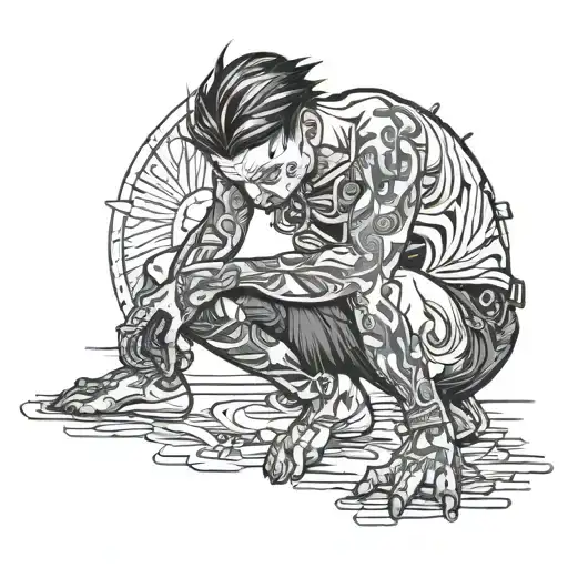 scrawny boy kneeling  tattoo design idea