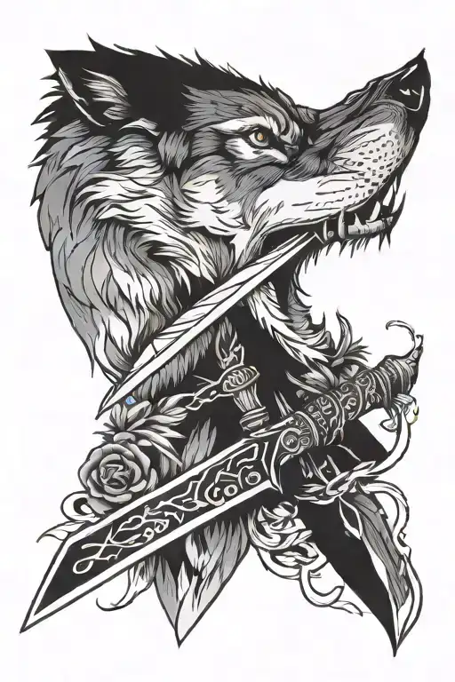 wolf with knife crossed tattoo design idea