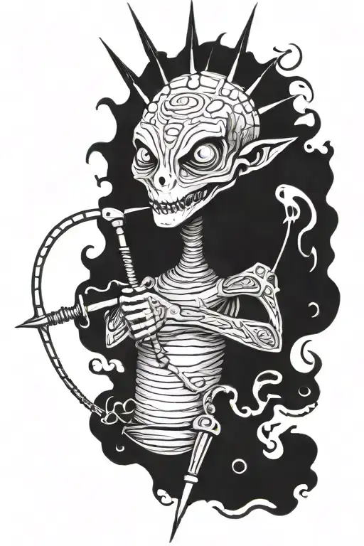 a weird creature with long arm and a scary weapon  tattoo design idea