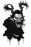 a weird creature with long arms and a scary weapon ugly and sharp teeth big and muscular weird face creepy eyes tattoo design idea