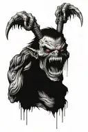 a weird creature with long arms and a scary weapon ugly and sharp teeth big and muscular weird face creepy eyes tattoo design idea