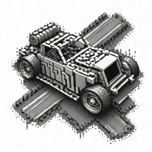 A dynamic composition of a car drifting around a track made of Lego pieces, reflecting your dual passions for building cars and Lego tattoo design idea