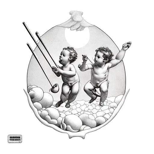 2 cherubs playing a game of billiards while flying and facing each other. only include the pool sticks and balls tattoo design idea