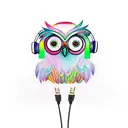 A new-school tattoo design of an owl wearing headphones and DJing in front of a colorful graffiti wall tattoo design idea