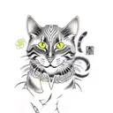 A japtattoo design of a cat wearing a samurai armor, surrounded by cherry blossoms and traditional Japanese art elements tattoo design idea