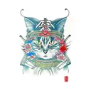 A japtattoo design of a cat wearing a samurai armor, surrounded by cherry blossoms and traditional Japanese art elements tattoo design idea