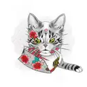 A japtattoo design of a cat wearing a samurai armor, surrounded by cherry blossoms and traditional Japanese art elements tattoo design idea