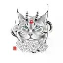 A japtattoo design of a cat wearing a samurai armor, surrounded by cherry blossoms and traditional Japanese art elements tattoo design idea