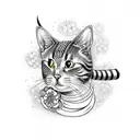 A realistic tattoo design of a cat wearing a samurai armor, surrounded by cherry blossoms and traditional Japanese art elements tattoo design idea