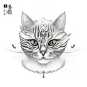 A realistic tattoo design of a cat wearing a samurai armor, surrounded by cherry blossoms and traditional Japanese art elements tattoo design idea