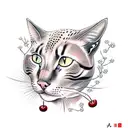 A realistic tattoo design of a cat wearing a samurai armor, surrounded by cherry blossoms and traditional Japanese art elements tattoo design idea