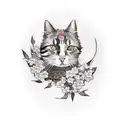 A realistic tattoo design of a cat wearing a samurai armor, surrounded by cherry blossoms and traditional Japanese art elements tattoo design idea