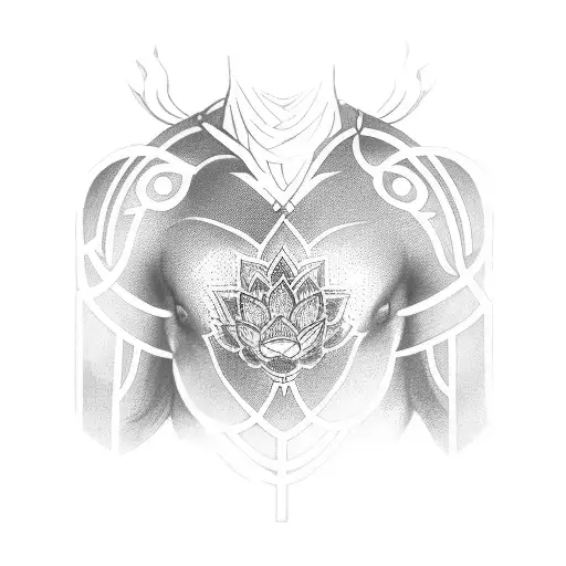 unalome symbol on men chest, with a lotus flower on chest, then a line going down in between the two pecs tattoo design idea