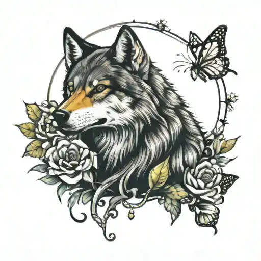 wolf flowers and butterflies tattoo design idea