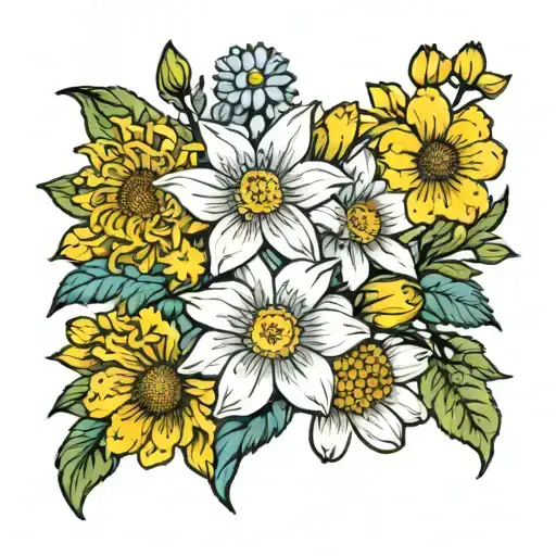 daffodil, chrysanthemum, aster and daisy birth flower bouquet tattoo design idea