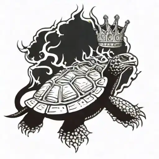 turtle with lion head, crown, and phoenix rising from the ashes tattoo design idea