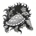 turtle with lion head, crown, and phoenix rising from the ashes tattoo design idea