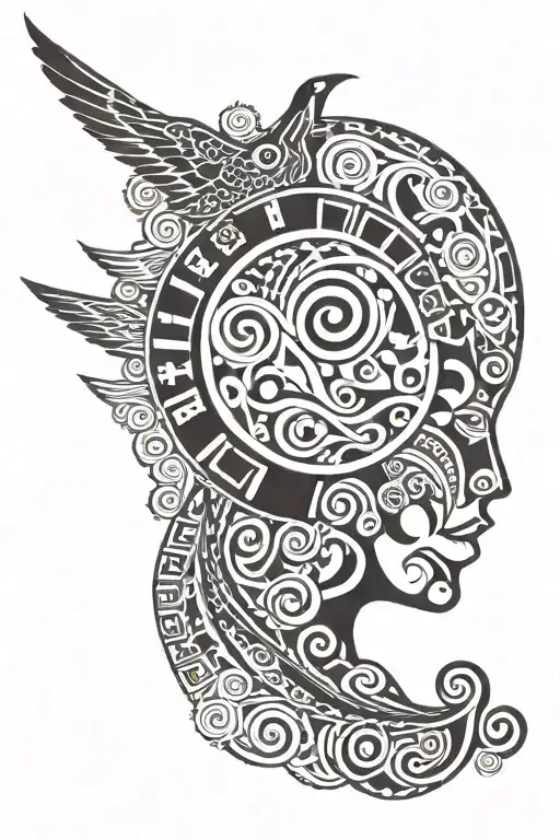 Taino sun and bird with waves around it  tattoo design idea