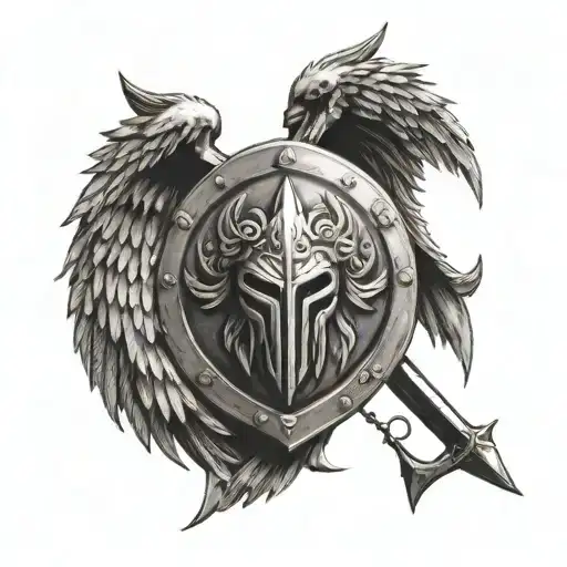spartan shield with two swords and angle wings tattoo design idea