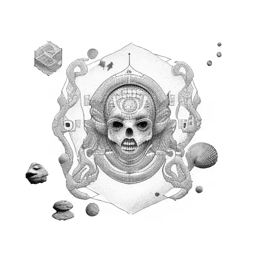 Create a dotwork tattoo of a teacher standing on the ocean floor, surrounded by books and ancient Greek artifacts. tattoo design idea