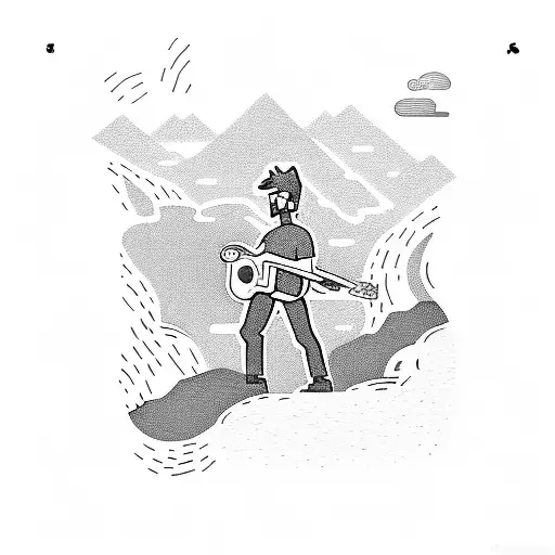 a book popping out a silhouette of a hiker playing a guitar on a cliff with gaming symbols and abstract whiskey  tattoo design idea